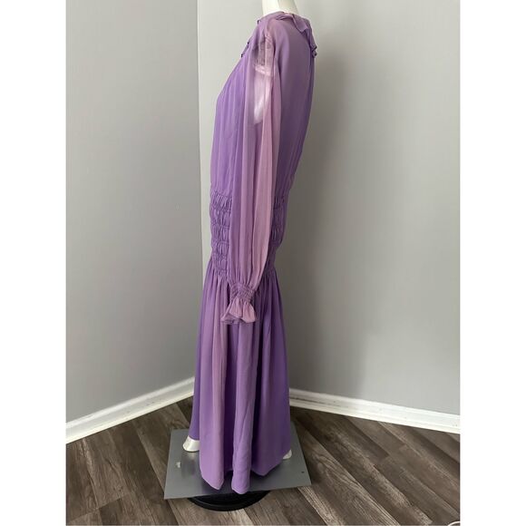 Adam Lippes Semi Sheer Silk Chiffon Ruffle Long-Sleeve Midi Dress Violet 10 $289 - Picture 7 of 14